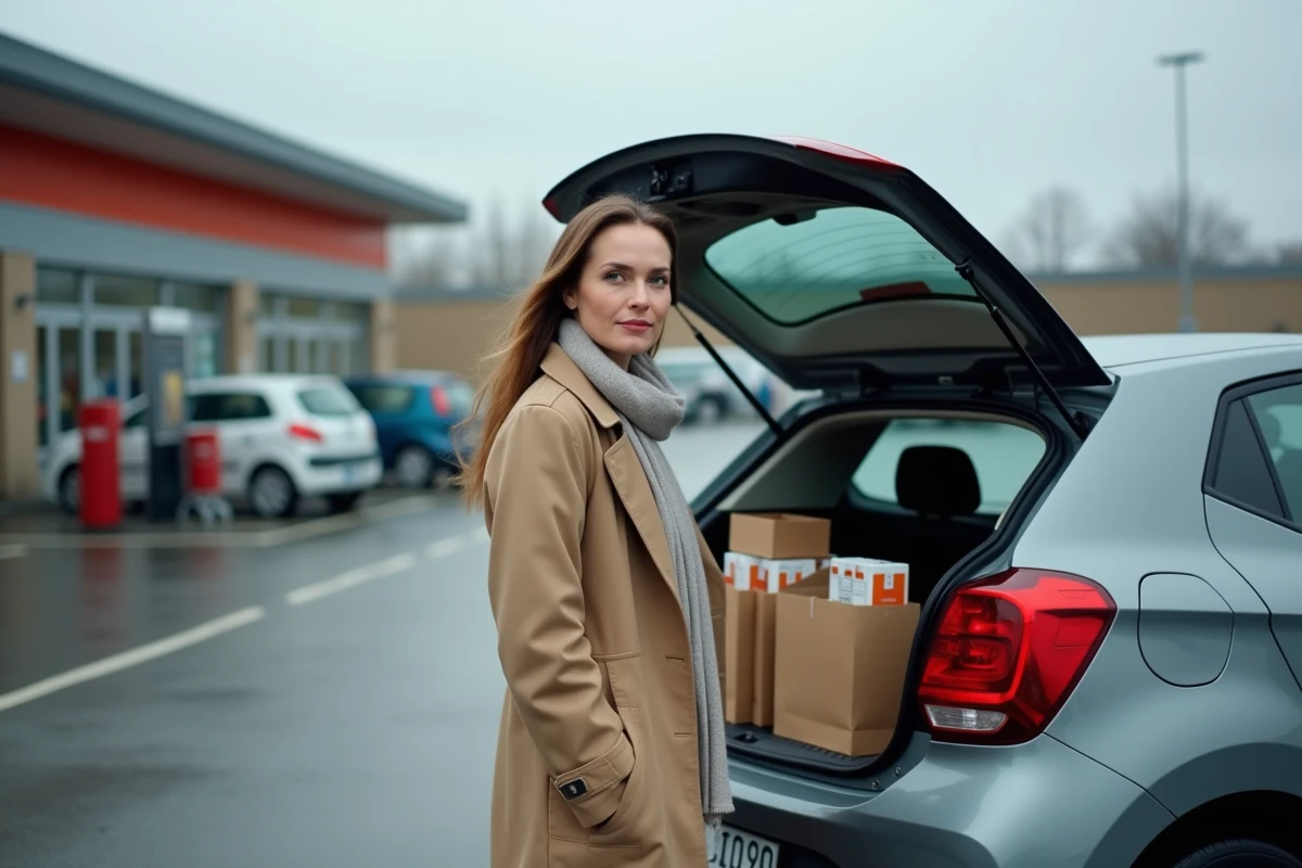 Une femme charge des cartouches de cigarettes achetées au Luxembourg dans le coffre de sa voiture sur un parking frontalier