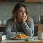 Femme préoccupée face à une alimentation déséquilibrée et un paquet de cigarettes, facteurs aggravants des kystes ovariens