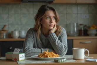 Femme préoccupée face à une alimentation déséquilibrée et un paquet de cigarettes, facteurs aggravants des kystes ovariens