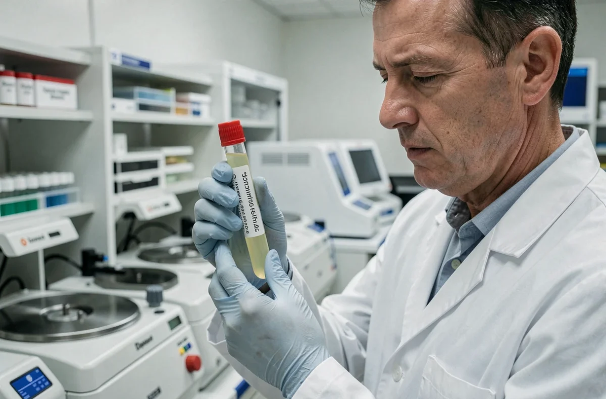 Technicien de laboratoire analysant un prélèvement sanguin pour un dosage du calcium et du phosphore