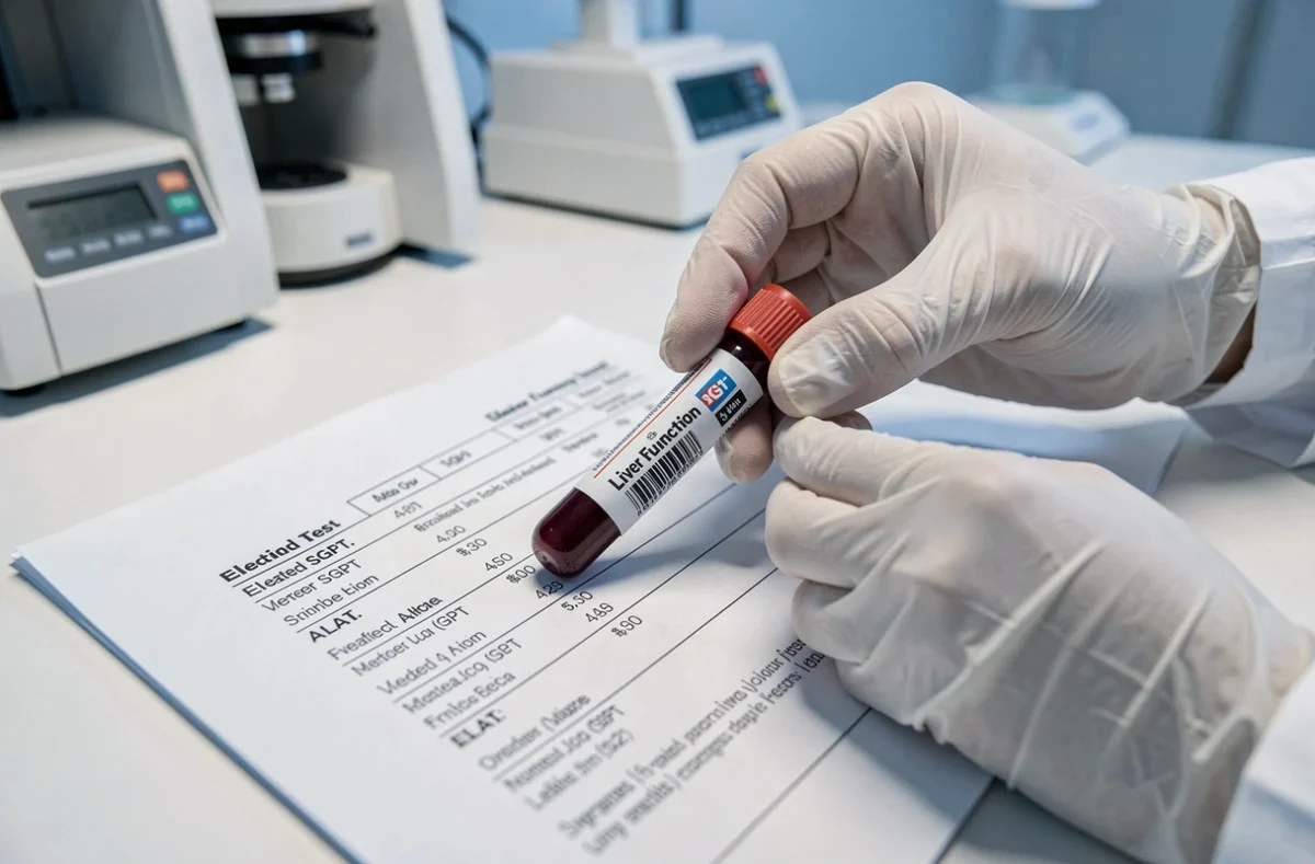 Tube de prise de sang et résultats d'analyse montrant des transaminases SGPT élevées dans un laboratoire médical