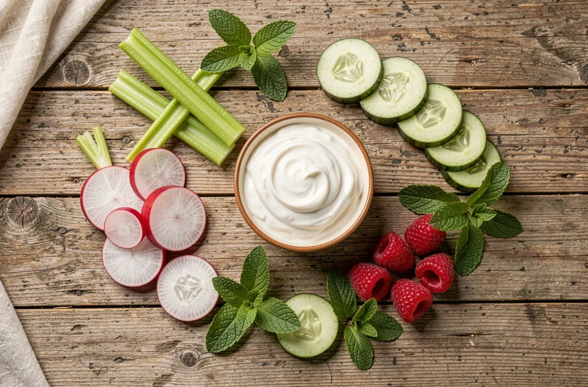 Assortiment d'aliments peu caloriques disposés en flat lay sur une surface en bois, incluant légumes frais, yaourt et fruits rouges