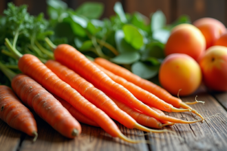 Assortiment coloré d'aliments riches en vitamine A sur une table en bois
