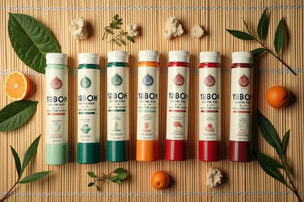 Assortiment de yadoms thaïlandais posés sur un tapis en bambou avec herbes et épices naturelles