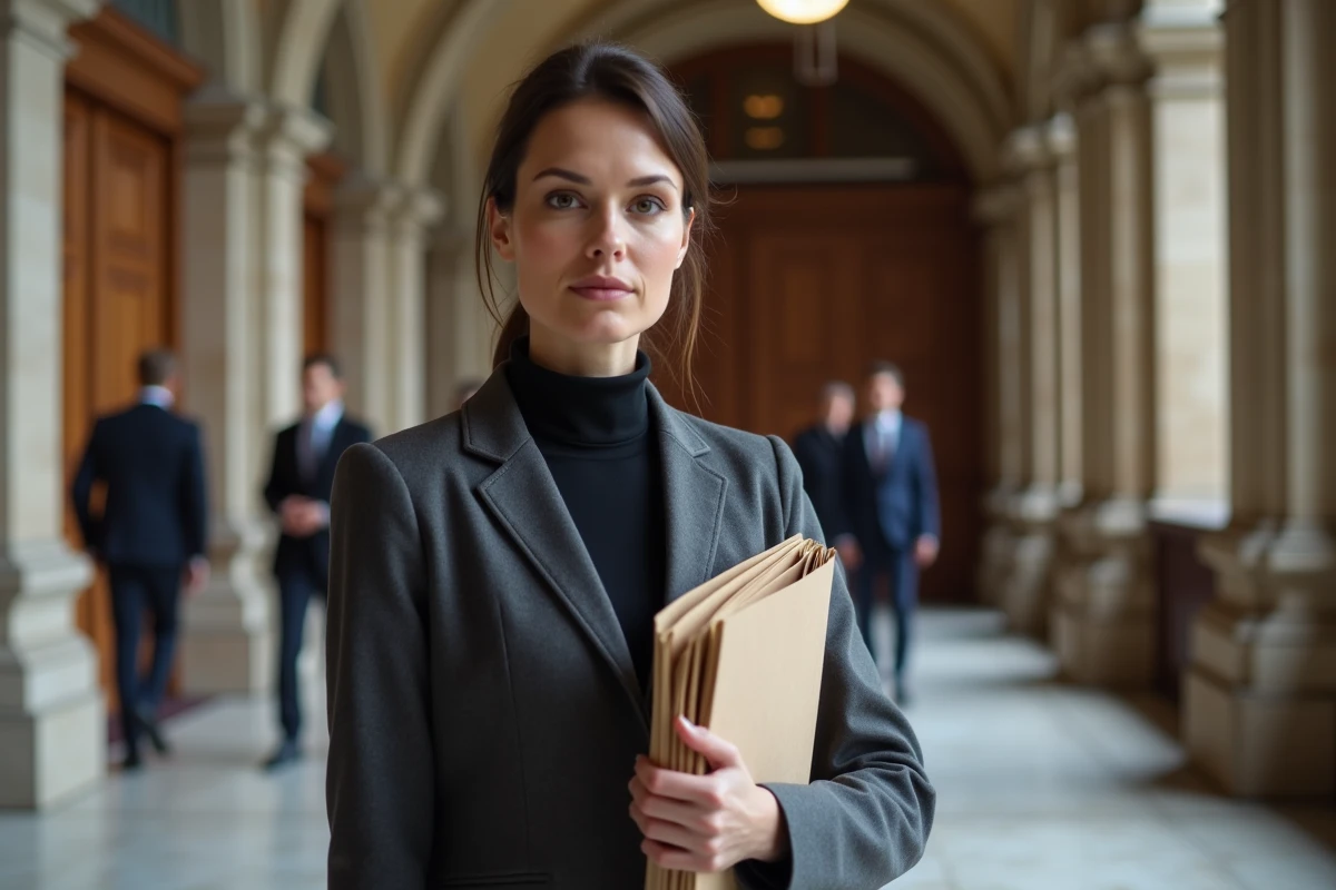 Avocate dans un couloir de palais de justice tenant des documents, symbolisant le cadre légal entourant la divulgation d'informations médicales sur une personnalité