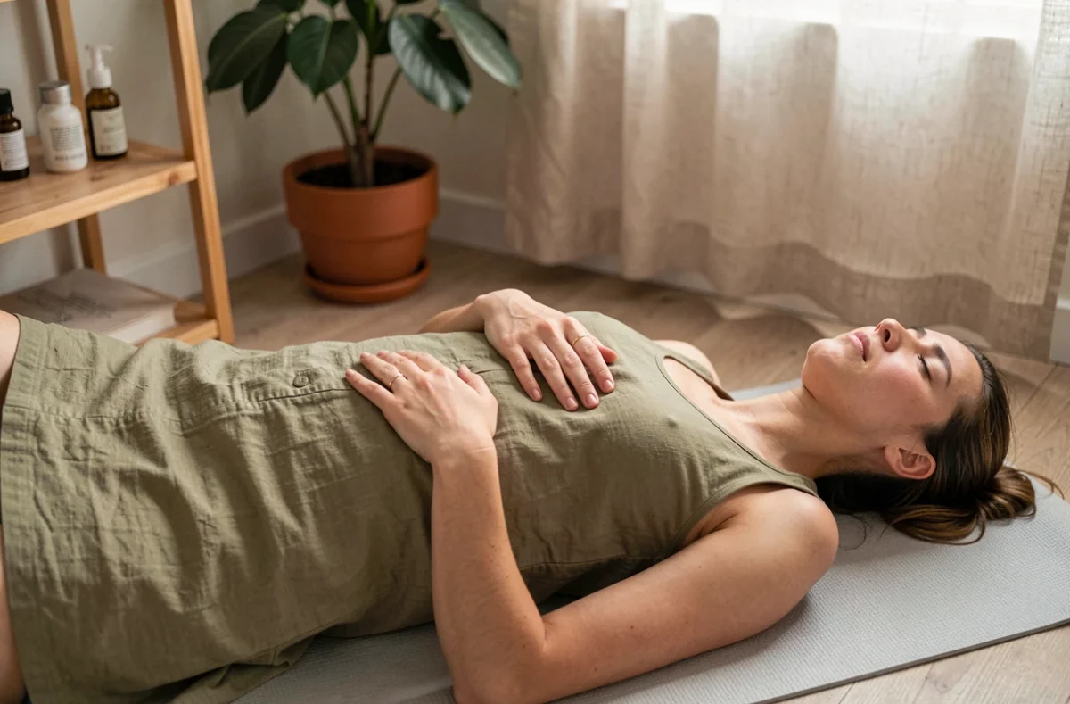 Femme allongée sur un tapis de yoga les mains sur le bas-ventre gauche, évoquant ballonnements et inconfort digestif lié au côlon irrité