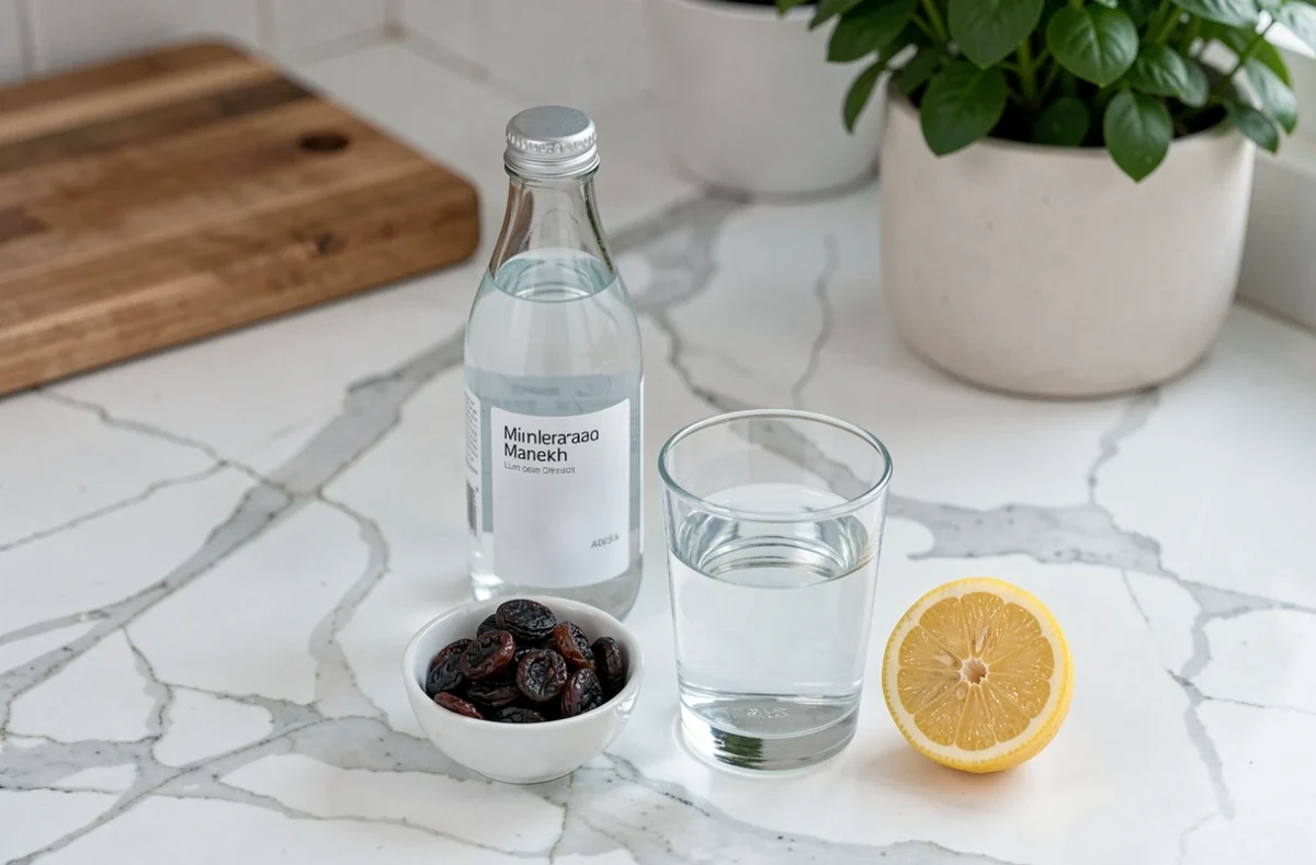 Bouteille d'eau minérale Saint Antonin, verre d'eau, pruneaux et citron sur un plan de travail en marbre pour illustrer les bienfaits sur le transit intestinal