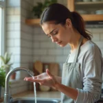 Femme tenant son doigt brûlé sous l'eau froide du robinet dans une cuisine moderne