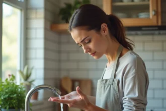 Femme tenant son doigt brûlé sous l'eau froide du robinet dans une cuisine moderne