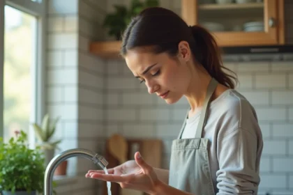 Femme tenant son doigt brûlé sous l'eau froide du robinet dans une cuisine moderne