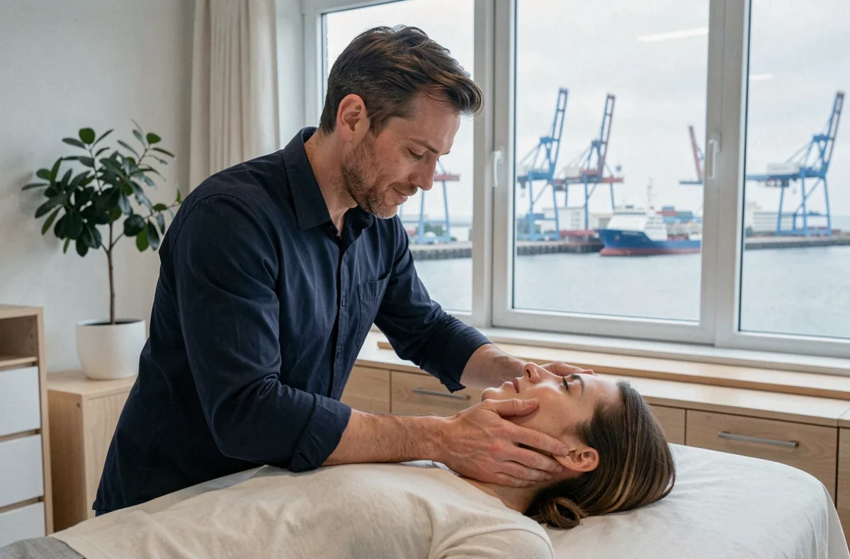 Cabinet Ostéo Crânien à Saint-Nazaire, ostéopathe réalisant une technique crânio-sacrée sur un patient