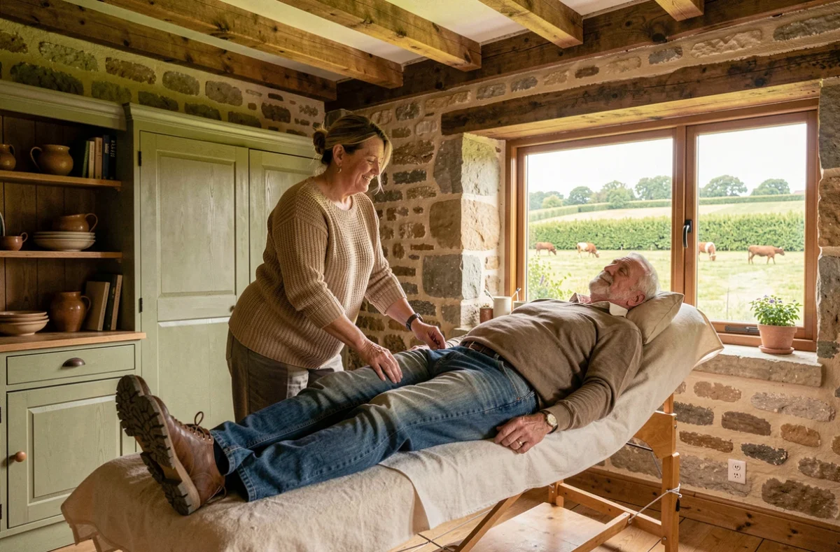 Cabinet Ostéo Rural dans le nord de la Mayenne, ostéopathe traitant un patient agriculteur dans un cadre bocager