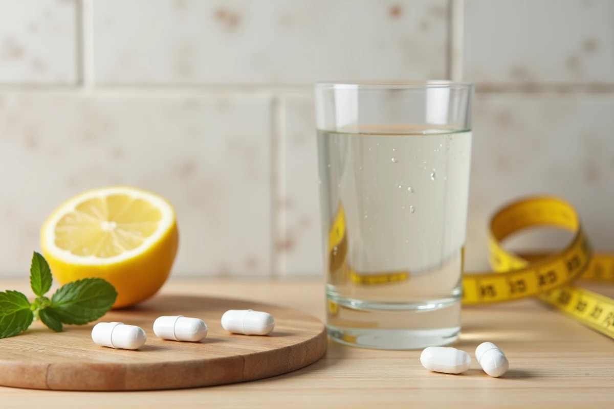 Capsules de complément alimentaire minceur disposées avec un verre d'eau et un citron sur un comptoir en bois