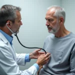 Cardiologue auscultant un patient avec un stéthoscope pour détecter une insuffisance mitrale lors d'un examen clinique