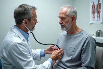 Cardiologue auscultant un patient avec un stéthoscope pour détecter une insuffisance mitrale lors d'un examen clinique