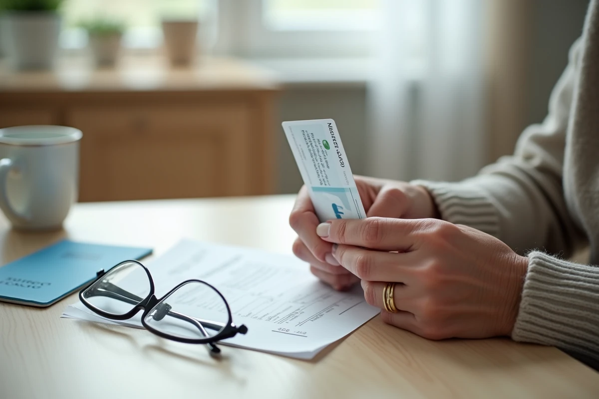 Mains d'une femme âgée tenant une carte Vitale et un reçu de pharmacie pour le vaccin contre le zona
