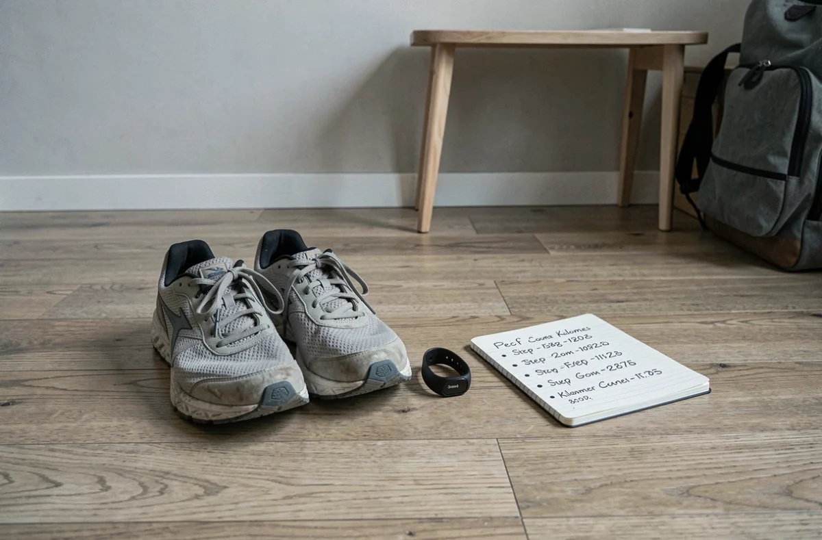 Chaussures de running, podomètre et carnet de notes avec conversion de pas en kilomètres