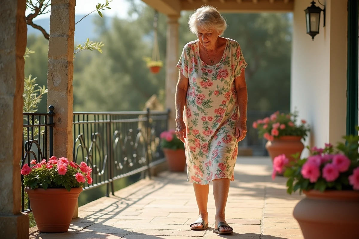 Femme âgée aux chevilles gonflées sur une terrasse méditerranéenne en pleine chaleur estivale