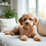 Chien hypoallergenique allongé sur un canapé blanc lumineux