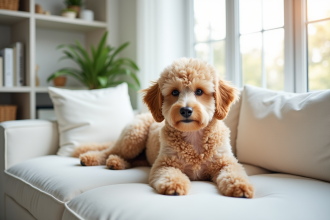 Chien hypoallergenique allongé sur un canapé blanc lumineux