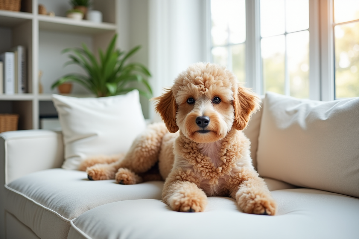 Chien hypoallergenique allongé sur un canapé blanc lumineux