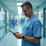 Chirurgien en blouse blanche consultant une tablette dans un couloir d'hôpital moderne, illustrant le salaire et les spécialités chirurgicales