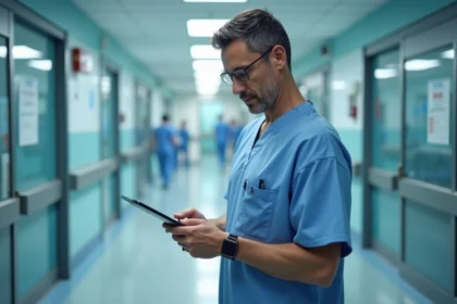 Chirurgien en blouse blanche consultant une tablette dans un couloir d'hôpital moderne, illustrant le salaire et les spécialités chirurgicales