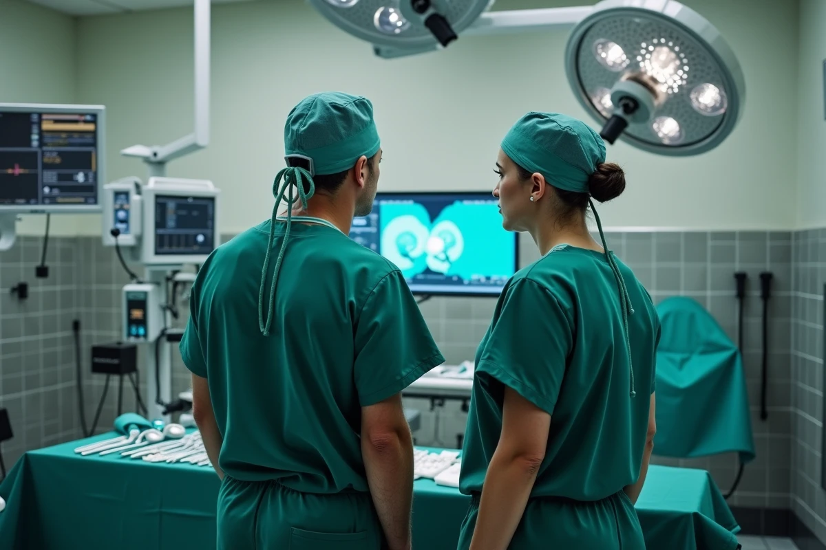Deux chirurgiens en salle d'opération discutant d'un plan chirurgical, illustrant les différentes spécialités et niveaux de rémunération en chirurgie