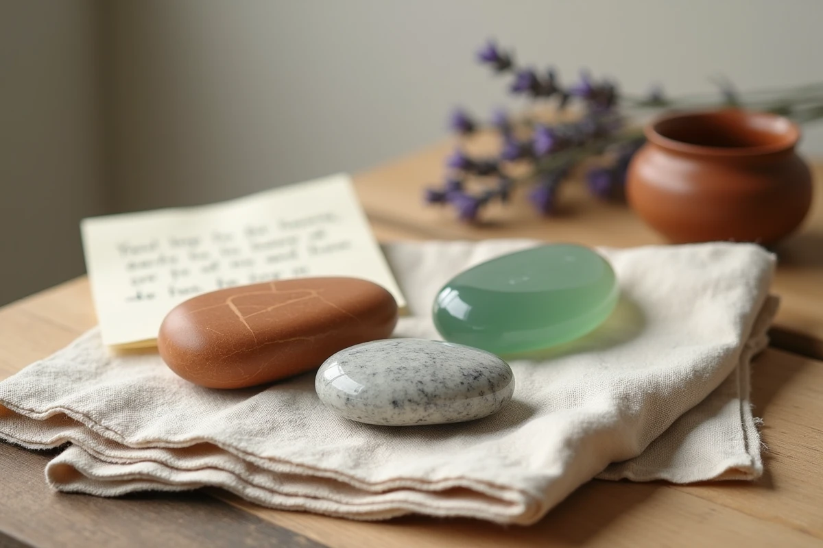Collection de worrying stones de différentes matières posées sur lin brut, objets thérapeutiques pour la gestion du stress et de l'anxiété