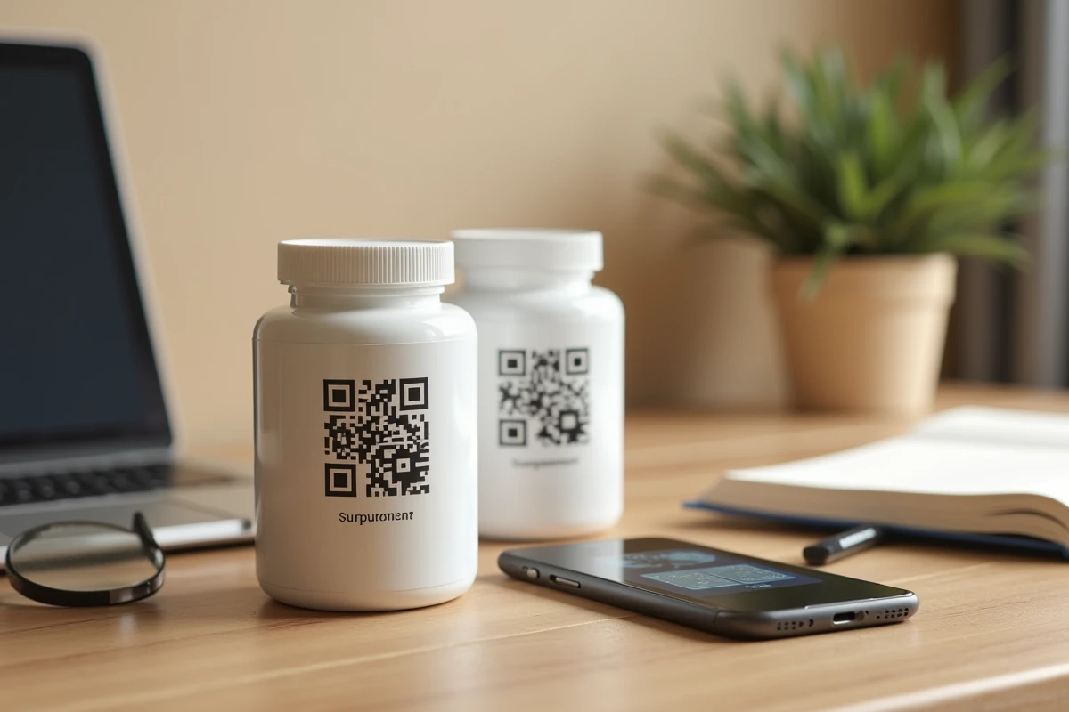 Vue de dessus comparant deux boîtes de Nourix avec une loupe et un scan QR pour vérifier l'authenticité du produit