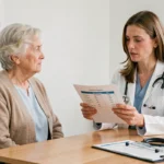 Médecin expliquant le bilan phosphocalcique à une patiente âgée lors d'une consultation médicale