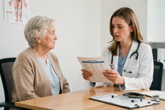 Médecin expliquant le bilan phosphocalcique à une patiente âgée lors d'une consultation médicale