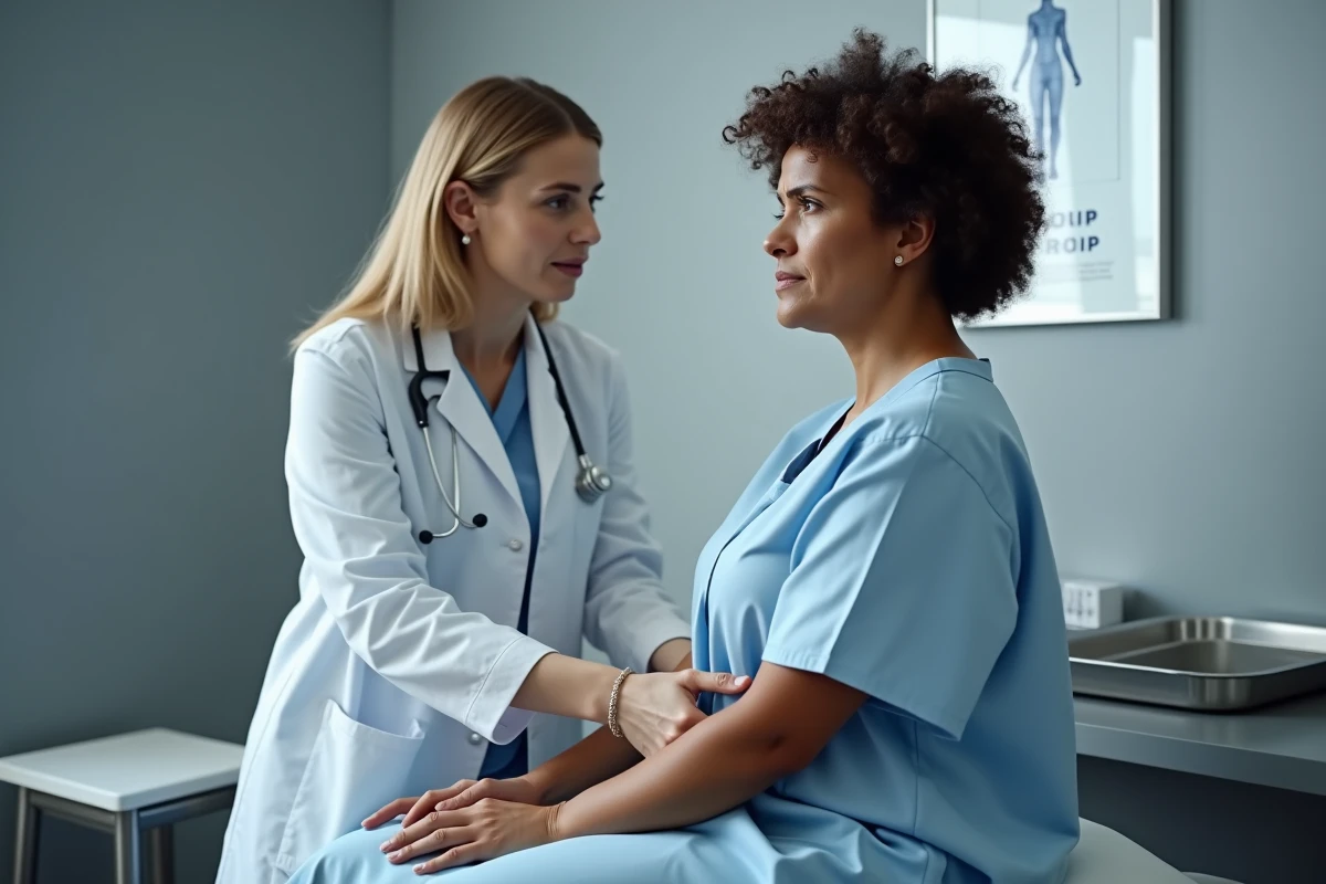 Patiente et médecin en consultation pour douleur dorsale gauche et problèmes digestifs dans un cabinet médical