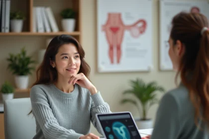 Femme consultant une gynécologue au sujet de kystes aux ovaires dans un cabinet médical moderne
