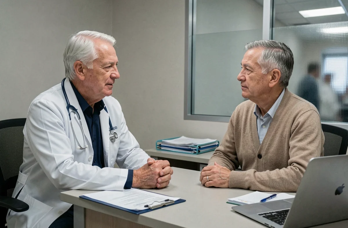 Médecin et patient âgé en consultation médicale, représentant l'accompagnement et l'espoir dans le parcours de soin oncologique