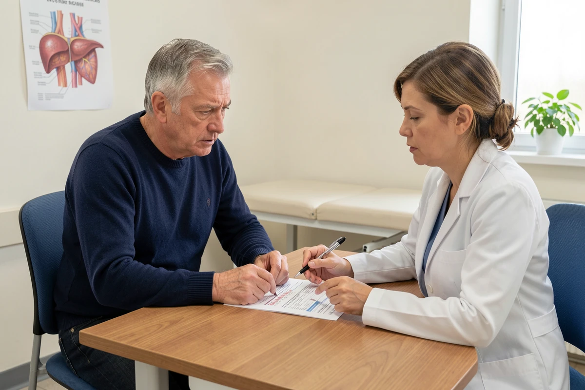 Patient et médecin en consultation examinant les résultats d'une analyse de sang avec un taux de GGT élevé, discussion sur le rôle du stress et du sommeil sur les enzymes hépatiques