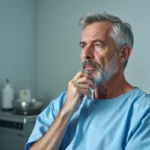 Homme d'âge mûr en consultation médicale touchant sa mâchoire, illustrant les symptômes avancés du cancer de la mâchoire