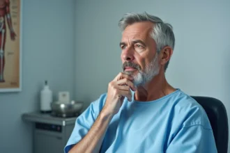 Homme d'âge mûr en consultation médicale touchant sa mâchoire, illustrant les symptômes avancés du cancer de la mâchoire