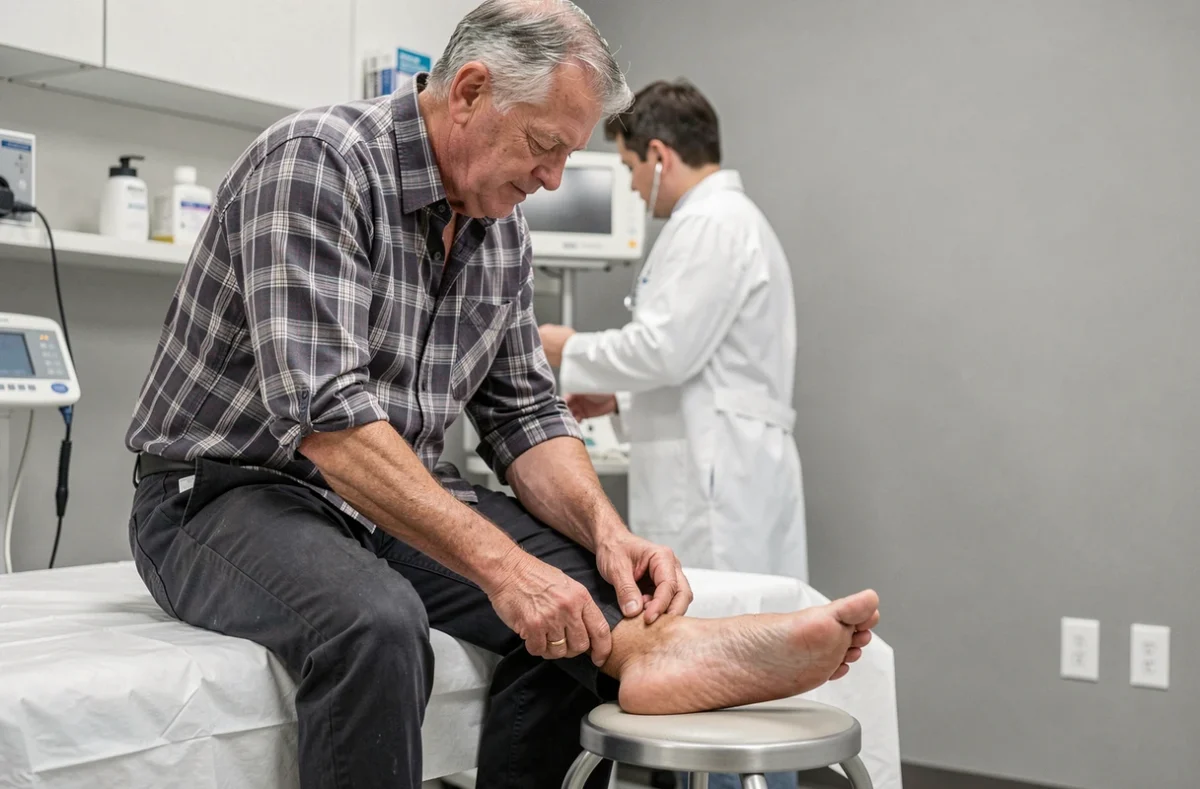 Patient âgé lors d'une consultation médicale pour des fourmillements et brûlures aux pieds, assis sur une table d'examen en cabinet médical