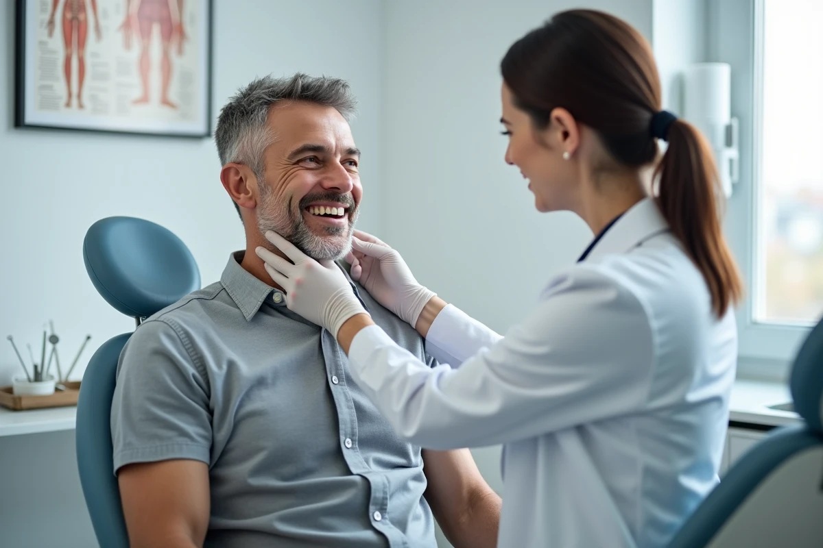 Consultation médicale pour une mâchoire bloquée chez un homme adulte dans un cabinet d'ostéopathie moderne
