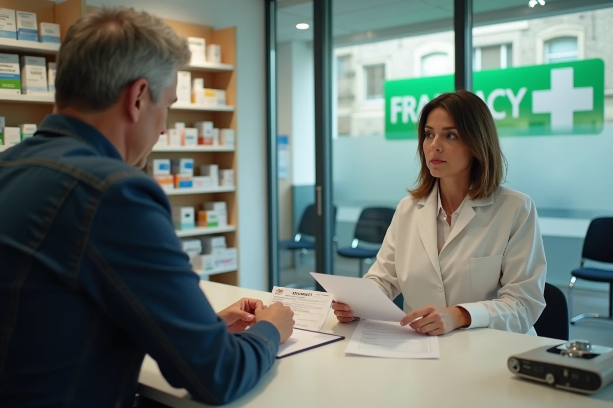Client discutant de sa mutuelle et du tiers payant avec un conseiller en pharmacie à Gardanne