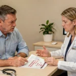 Consultation médicale avec un patient recevant les résultats d'analyse des transaminases SGPT et discussion sur la stéatose hépatique