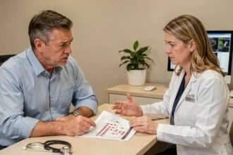 Consultation médicale avec un patient recevant les résultats d'analyse des transaminases SGPT et discussion sur la stéatose hépatique