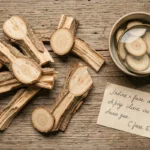 Racines séchées de costus indien authentiques présentées en flat lay sur bois naturel, montrant la texture fibreuse et la coupe transversale caractéristique