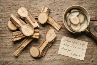 Racines séchées de costus indien authentiques présentées en flat lay sur bois naturel, montrant la texture fibreuse et la coupe transversale caractéristique