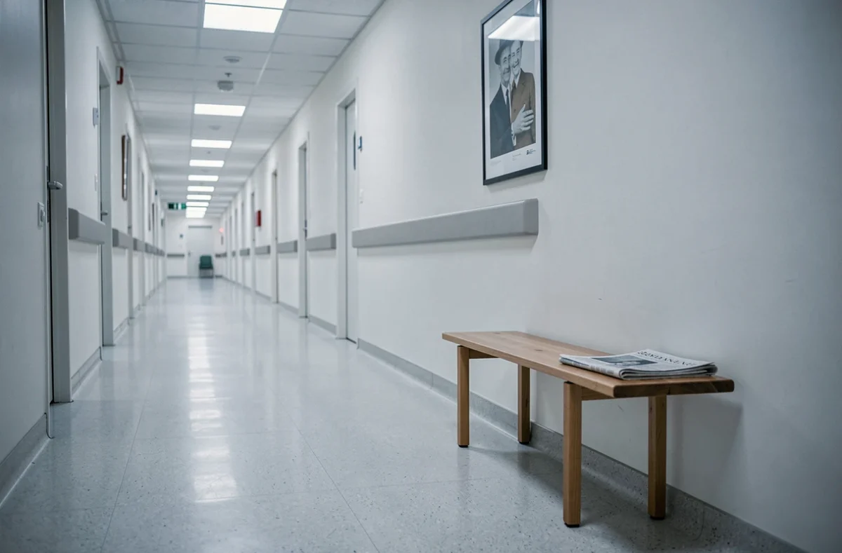 Couloir vide d'un hôpital français moderne avec un banc en bois et un journal plié, atmosphère de solitude et d'attente médicale