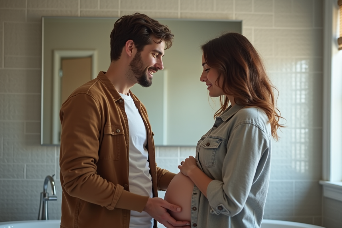 Couple dans la salle de bain partageant un geste tendre