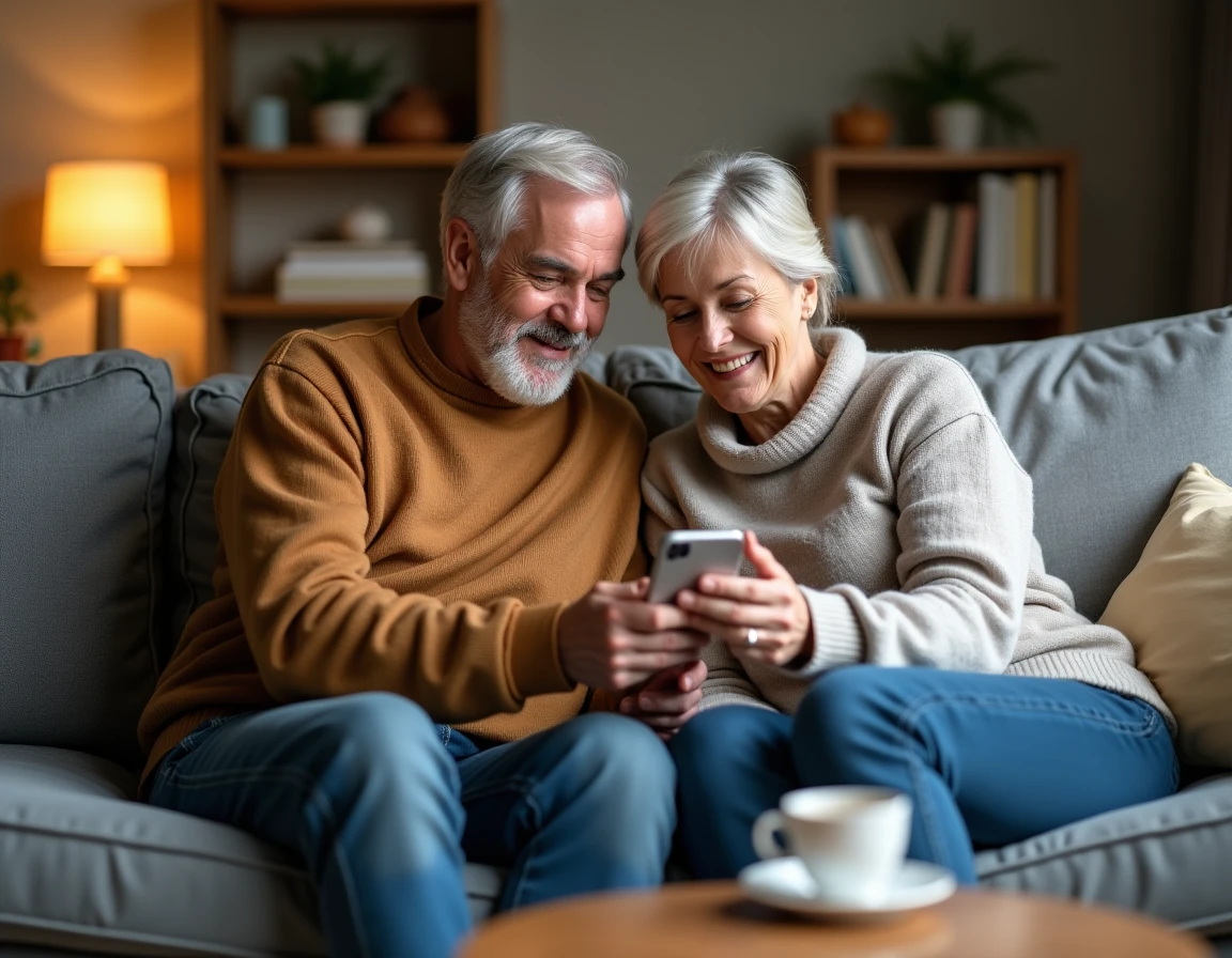 Couple consultant ensemble le compte mutuelle PRO BTP sur smartphone dans leur salon