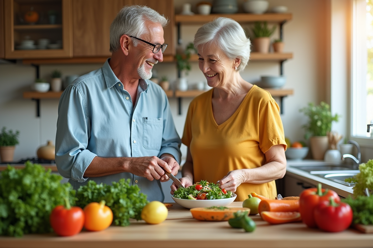 Couple préparant une salade colorée dans la cuisine