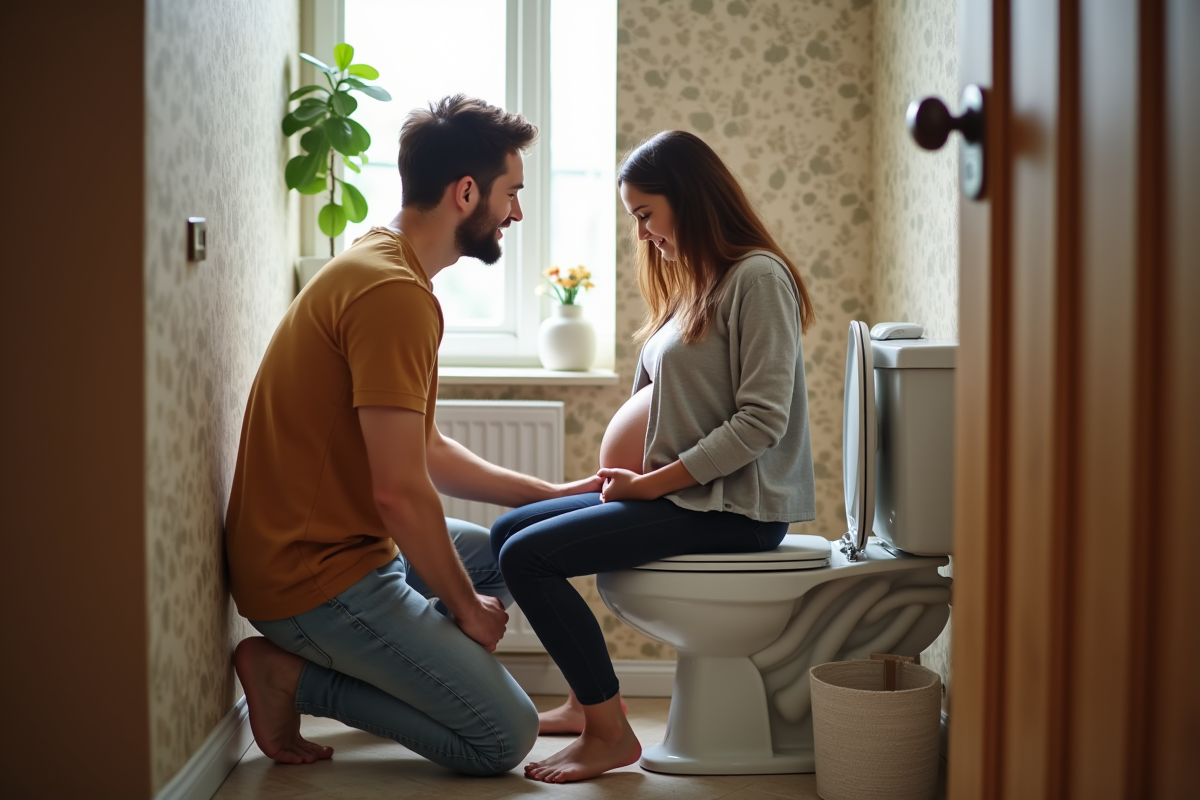 Couple enceinte partageant un moment de soutien dans la salle de bain